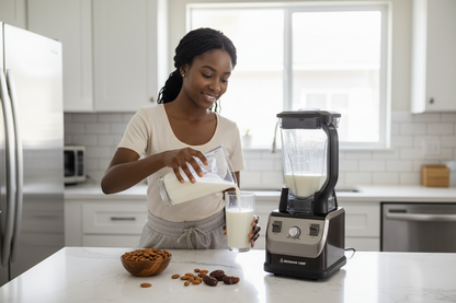 Woman making almond milk