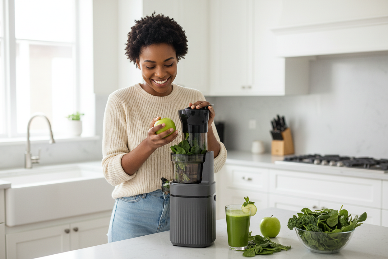 Woman making green juice