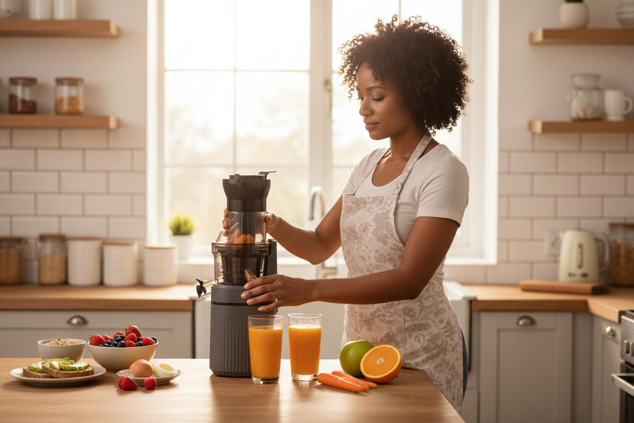 Woman making orange carrot juice