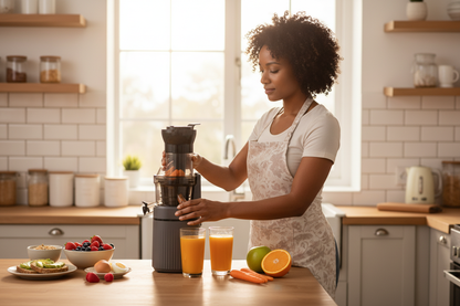 Woman making orange carrot juice