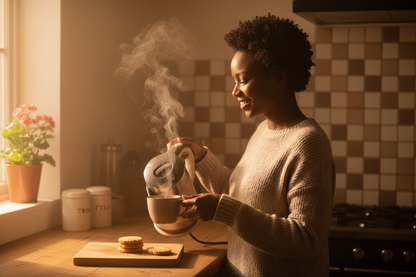 Woman making tea with cream kettle