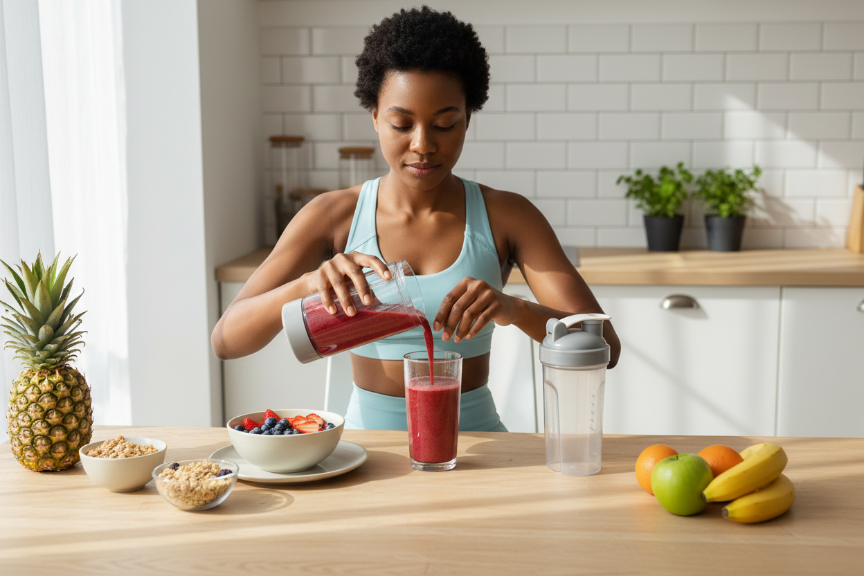 Woman pouring smoothie at breakfast