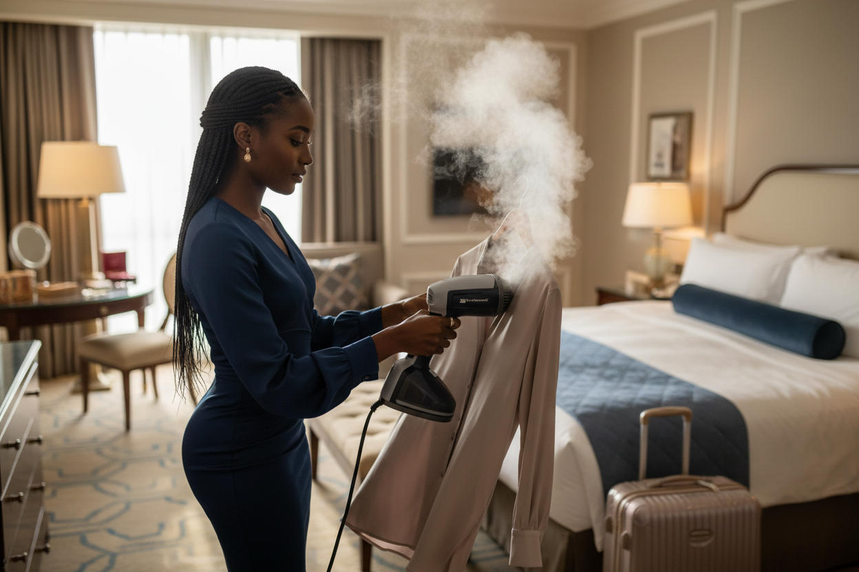 Woman Steaming in Hotel