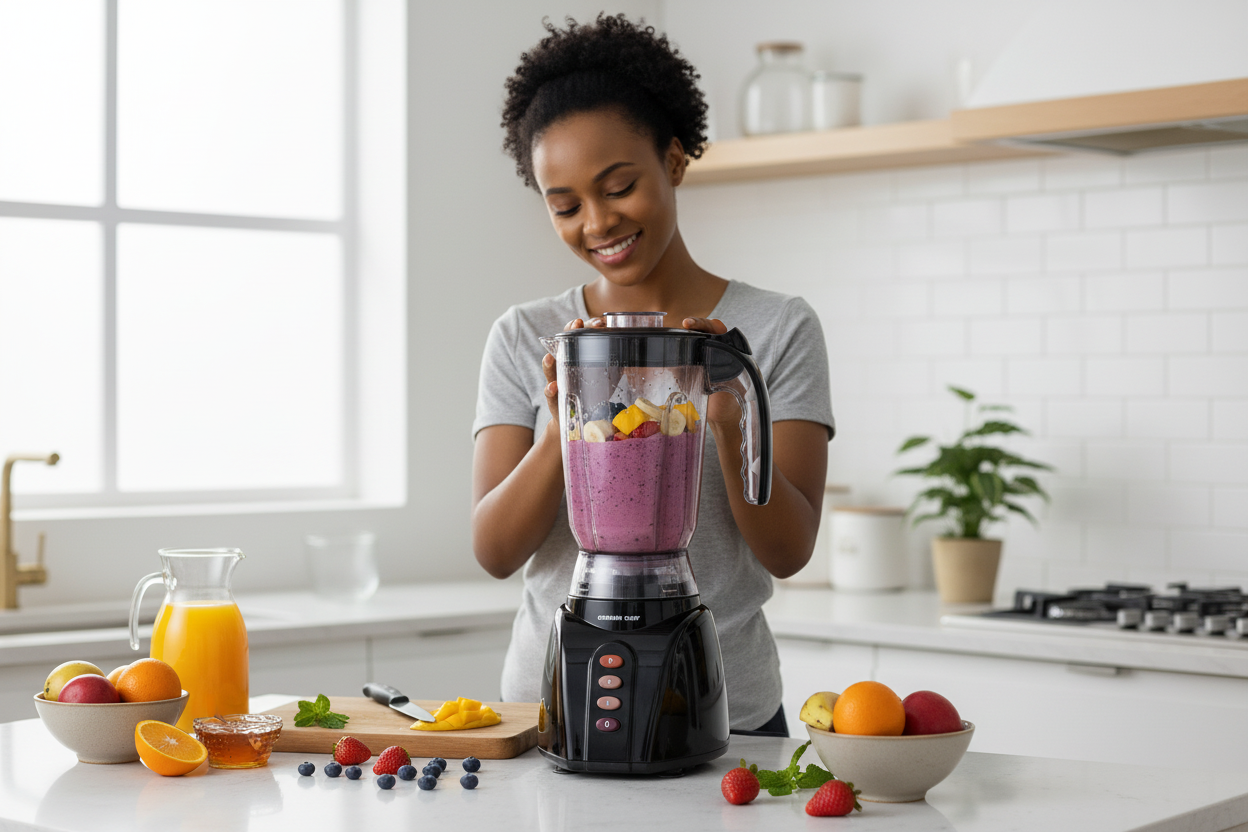 Woman using black blender