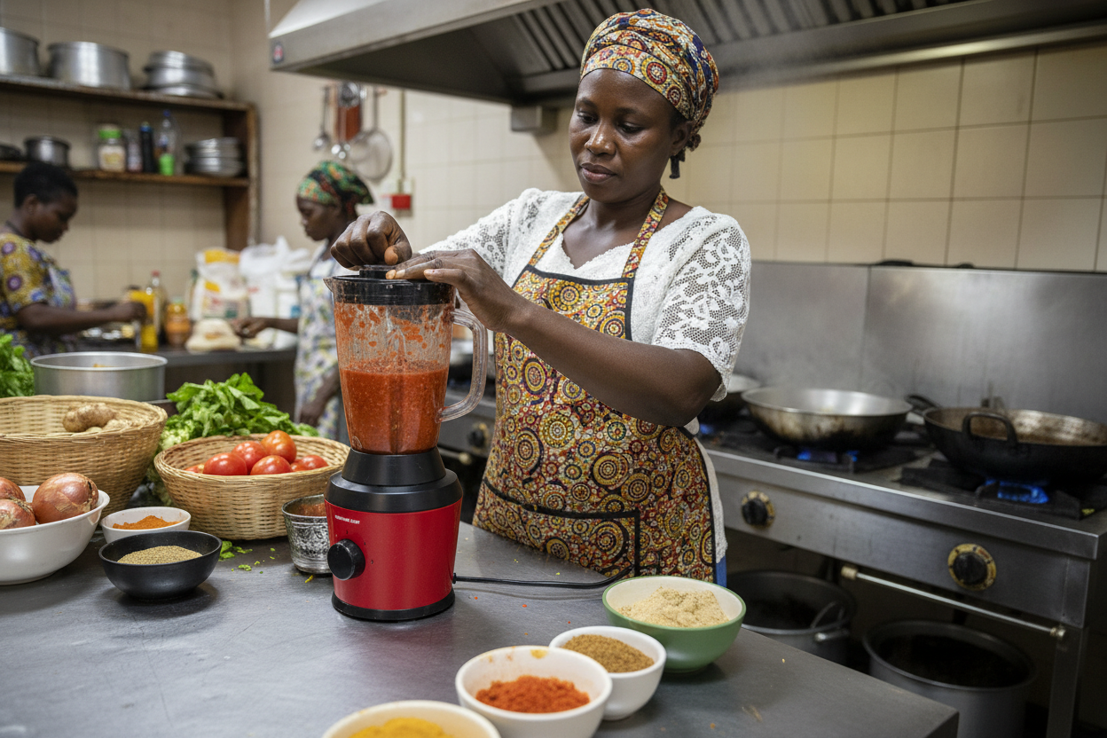 Woman using blender in food business