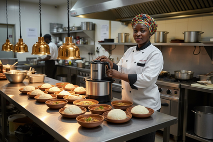 Woman using fufu maker for catering