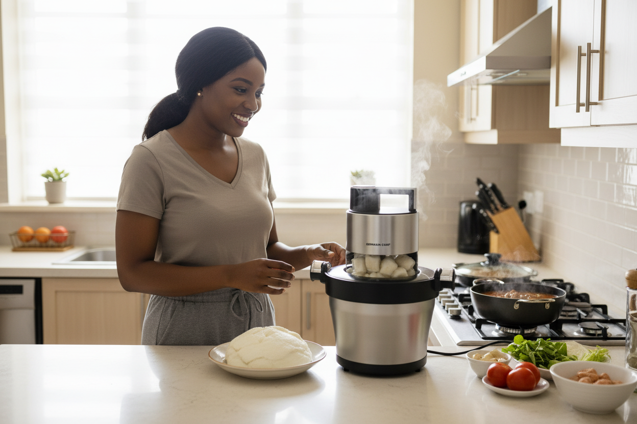 Woman using fufu pounder