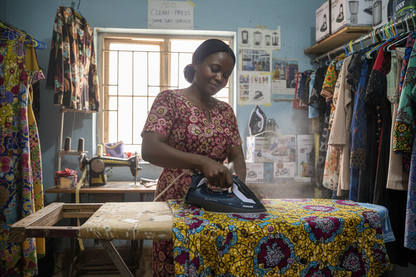 Woman using iron in laundry business