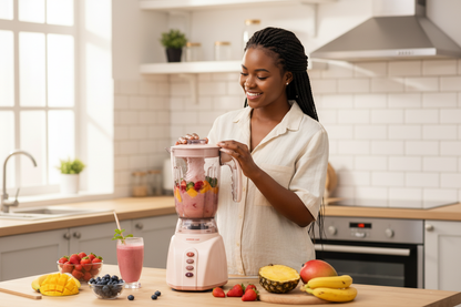 Woman using pink blender